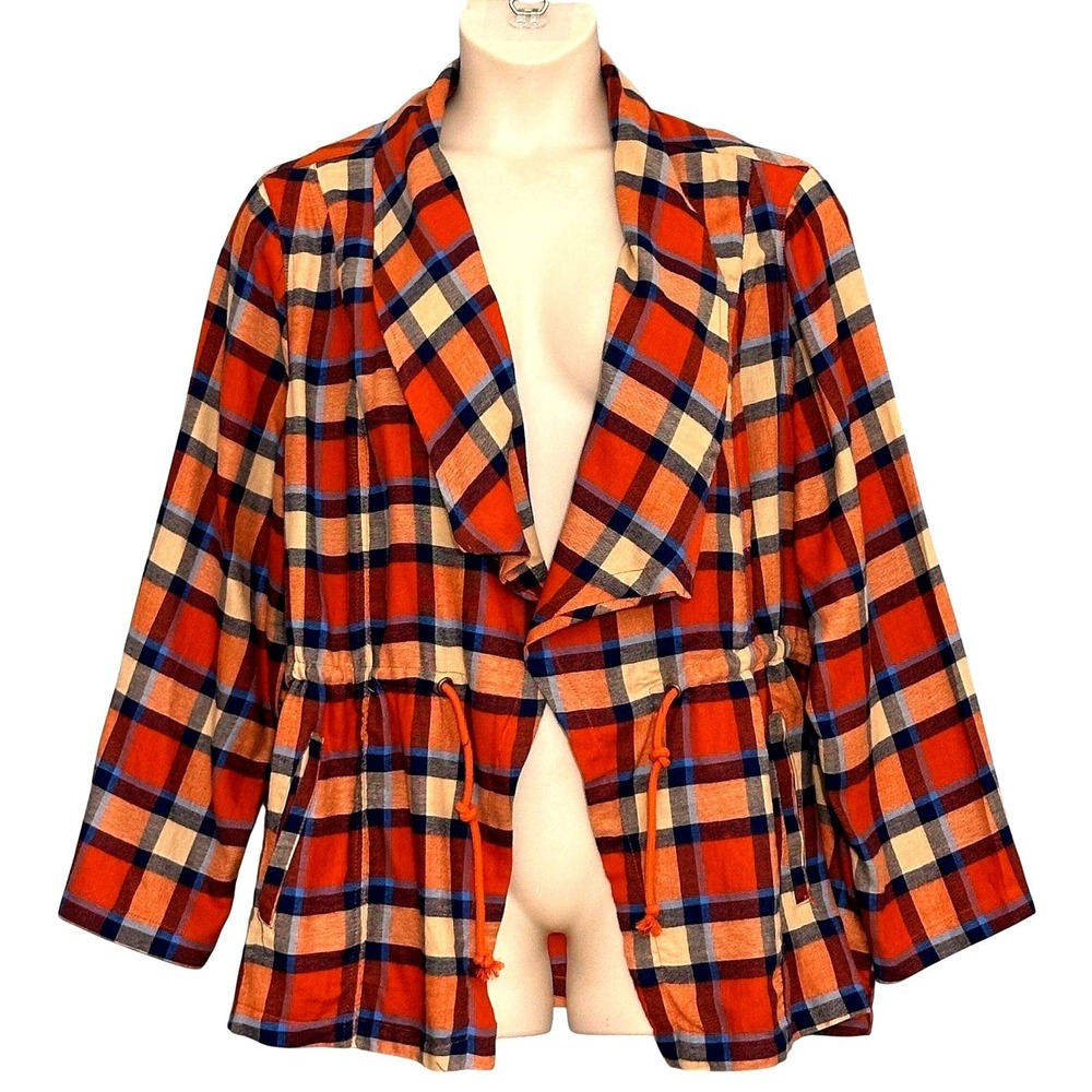 Cato Womens Jacket Plus 22W Orange Blue Plaid Drape Front Drawstring Relaxed